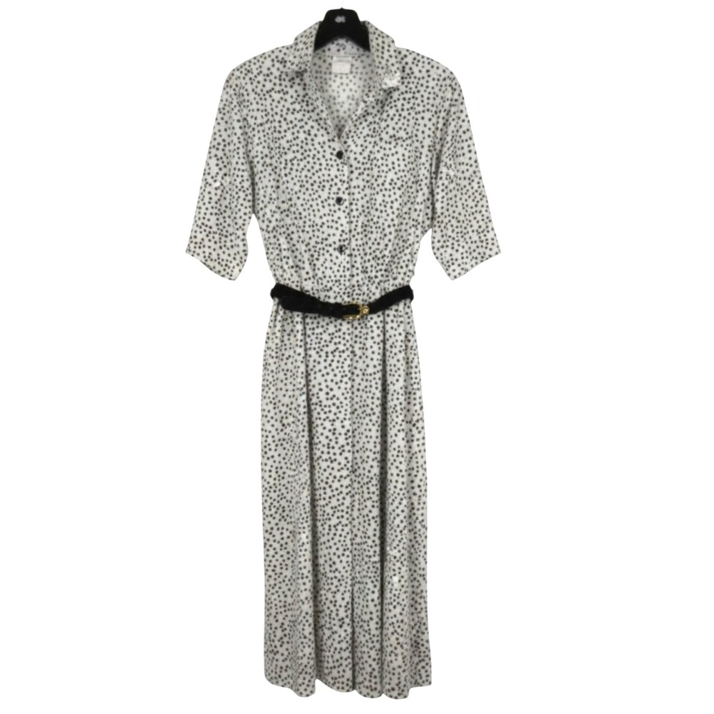 VTG WILLI Of CALIFORNIA White w/Black POLKA-DOT Crepe BLOUSON MIDI DRESS Sz 6